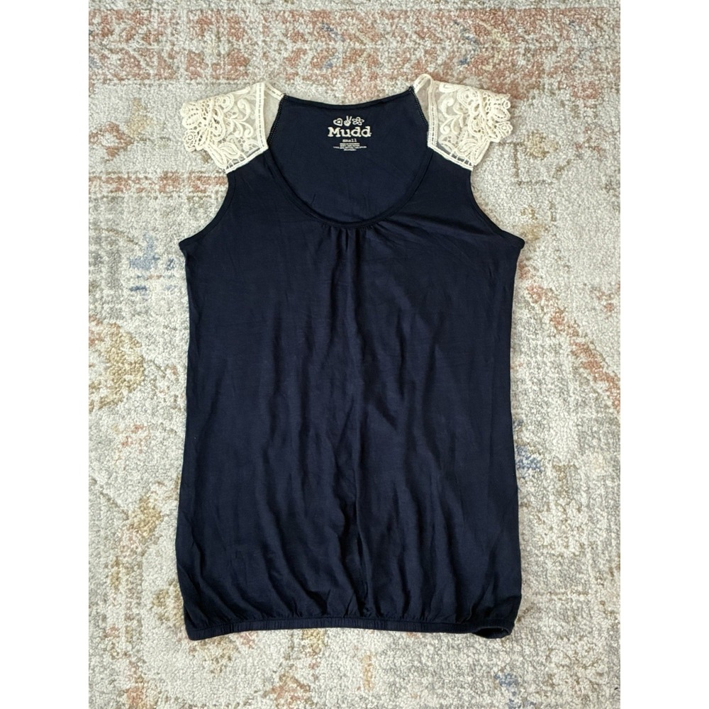 Navy Blue Mudd Tank Top Cream Lace Shoulder Cap Sleeve Blouse Boho Casual Small